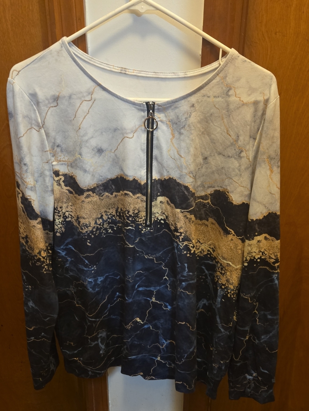 Long Sleeve Zip-Front Women's Top in Blue and Gold Marble
